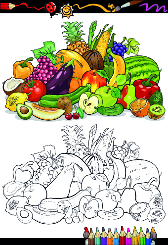 Color with sketch Fruit and vegetables vector 05