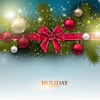 Christmas baubles with shiny holiday background vector 01