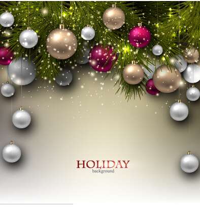 Christmas baubles with shiny holiday background vector 04
