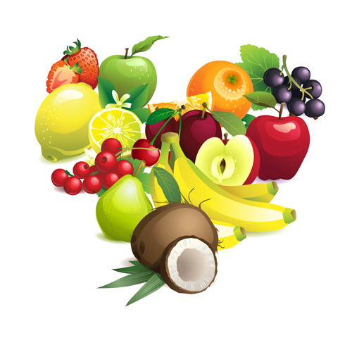 Different fruit heart shapes background vector 02