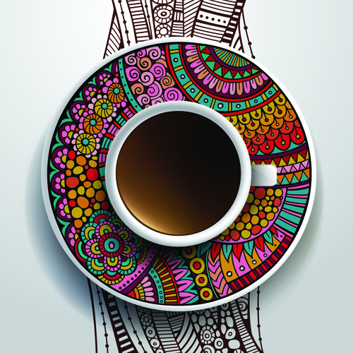 ornaments and coffee cups vector 01 Ethnic pattern ornaments and coffee cups vector 01