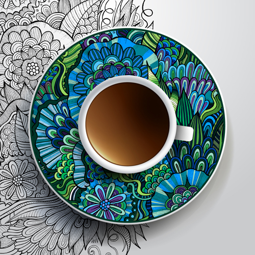 ornaments and coffee cups vector 04 Ethnic pattern ornaments and coffee cups vector 04