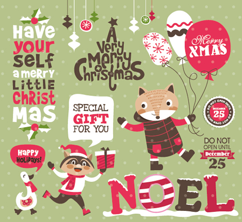 Funny christmas cartoon elements vector 02