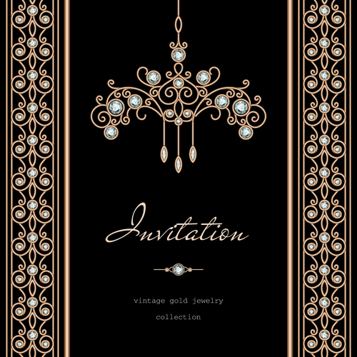 Golden floral with jewels and black background vector 05