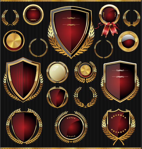 Golden shields with laurels and medals vector 01