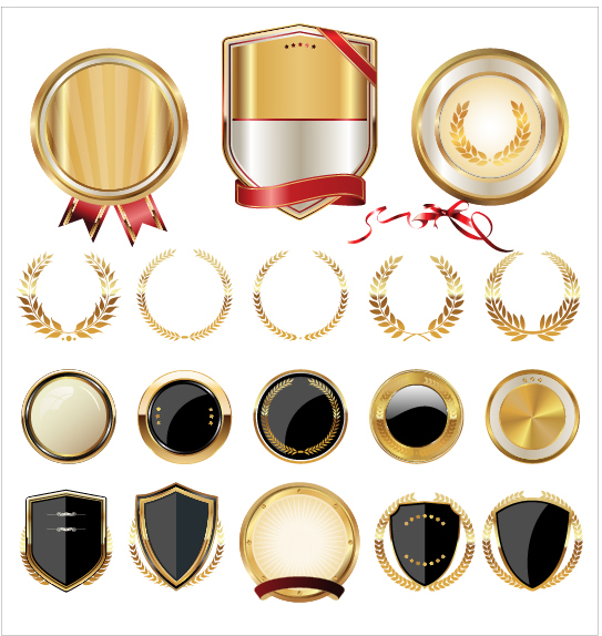 Golden shields with laurels and medals vector 02