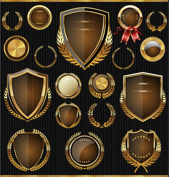 Golden shields with laurels and medals vector 04