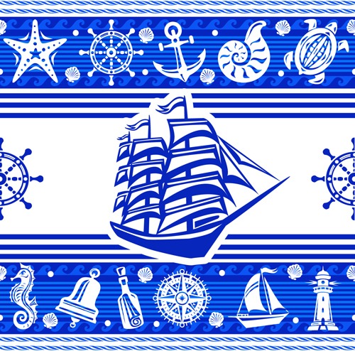 Nautical elements blue seamless pattern vector 04