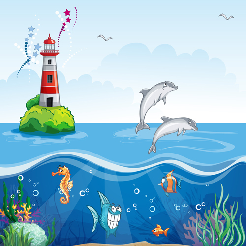 Sea with underwater world cartoon vector 01 Sea with underwater world cartoon vector 01