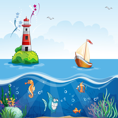 Sea with underwater world cartoon vector 02