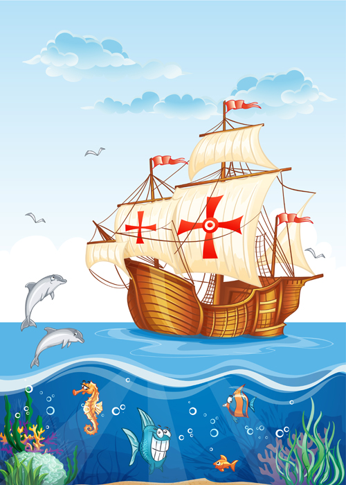 Sea with underwater world cartoon vector 03 Sea with underwater world cartoon vector 03