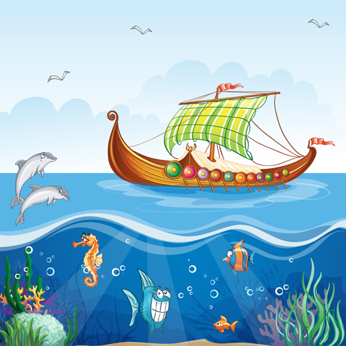 Sea with underwater world cartoon vector 04 Sea with underwater world cartoon vector 04