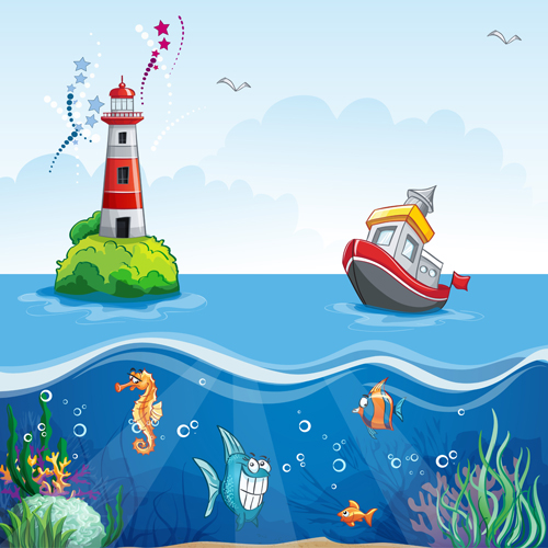 Sea with underwater world cartoon vector 05 Sea with underwater world cartoon vector 05