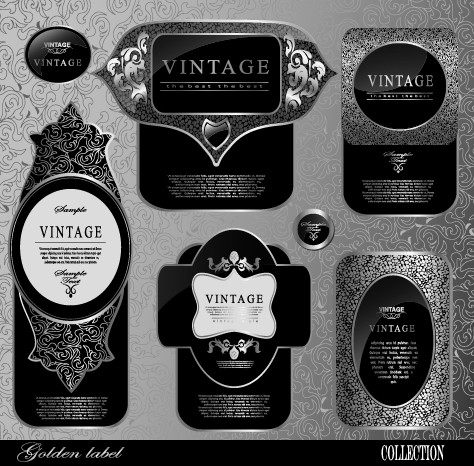 Black glass textured Label vector set 05