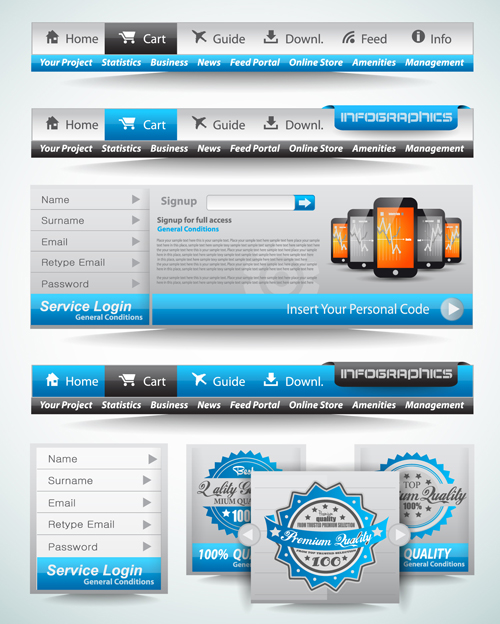 Blue with black website navigation design vector 02