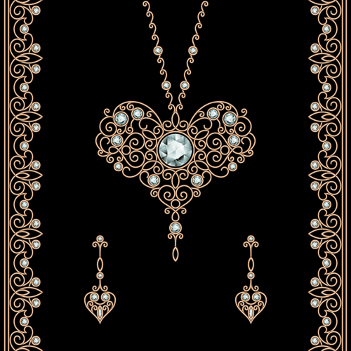 Golden floral with jewels and black background vector 02