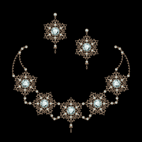 Golden floral with jewels and black background vector 03