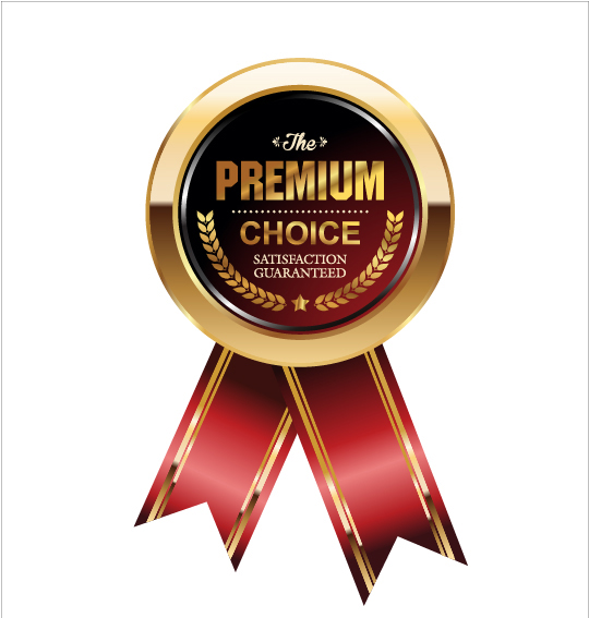Shiny golden badges with red ribbon vectors 01