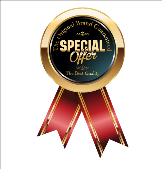Shiny golden badges with red ribbon vectors 02