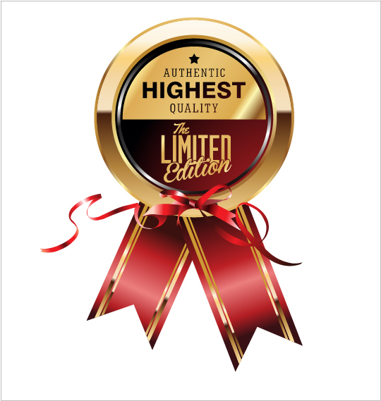 Shiny golden badges with red ribbon vectors 03