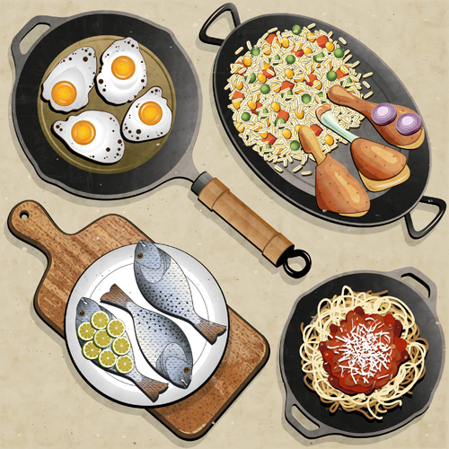 frying pan and food design vector 01
