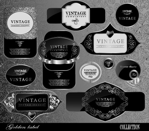 Black glass textured Label vector set 01