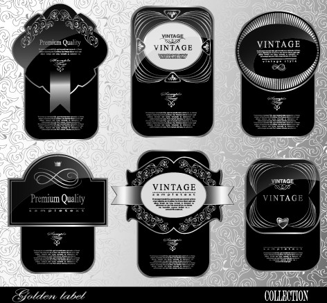 Black glass textured Label vector set 02