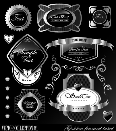 Black glass textured Label vector set 03