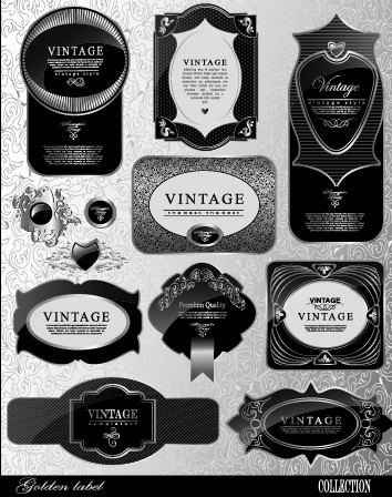 Black glass textured Label vector set 04