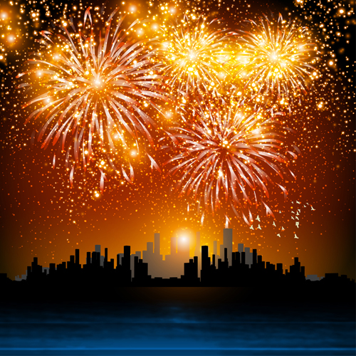 City night with fireworks vector background