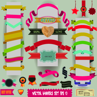 Vintage labels and ribbon design vector set 02
