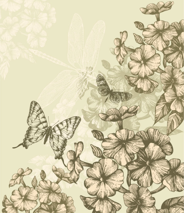 Hand drawn flower with Butterflies and dragonflies vector set 01