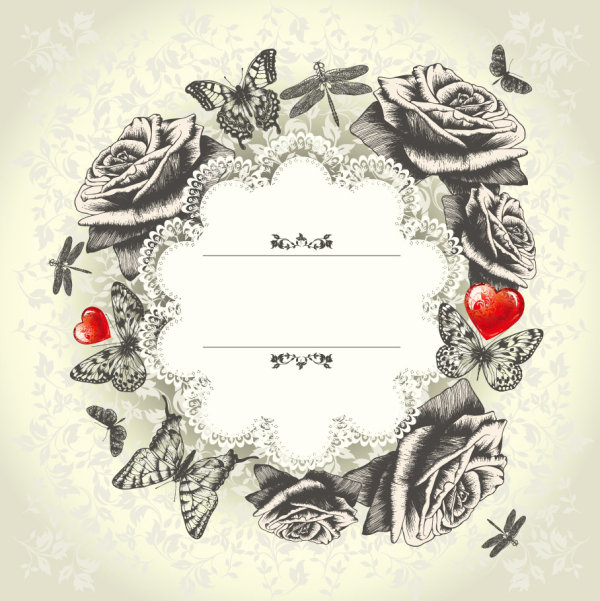 Hand drawn flower with Butterflies and dragonflies vector set 03