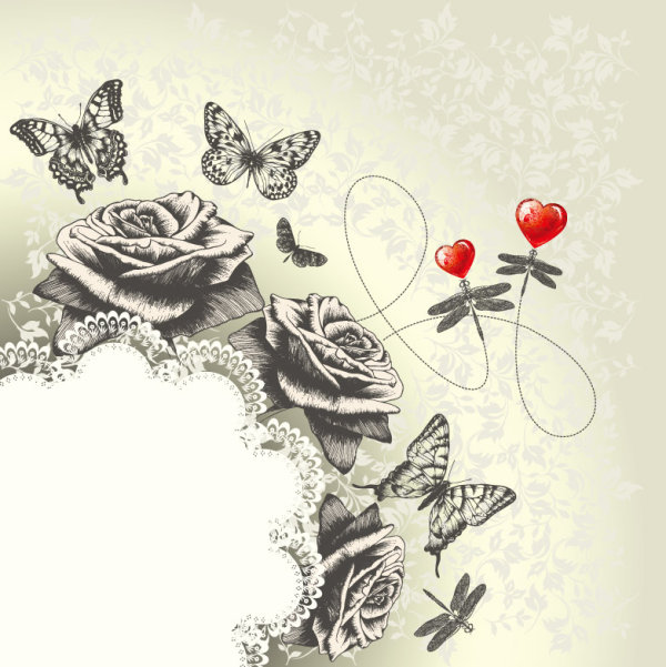 Hand drawn flower with Butterflies and dragonflies vector set 04
