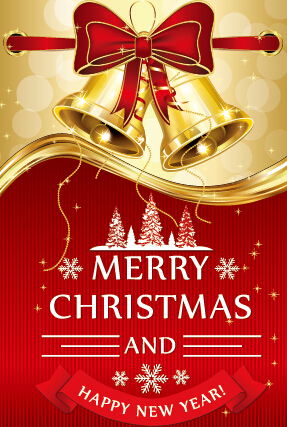 Golden bell christmas with new year red bow background