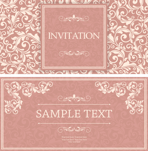 Vintag pink invitation cards with floral vector 02