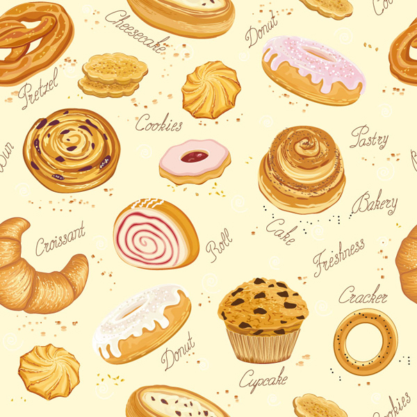 Cookies desserts and bread seamless pattern vector