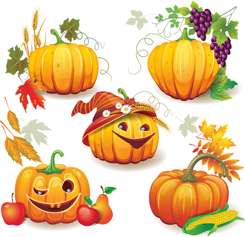 Funny Autumn pumpkins vector graphic 02