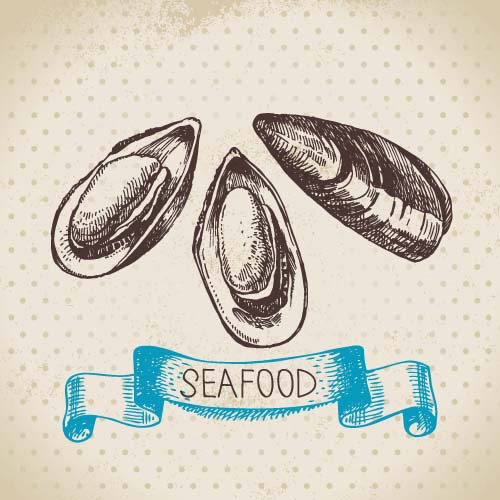 Hand drawn seafood with ribbon vectors 07