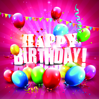 Shiny Happy Birthday Colored Balloons with ribbon background