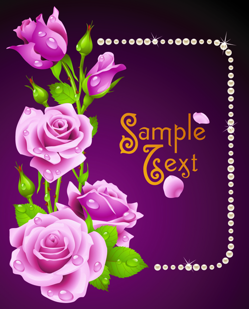 Vintage rose with pearl frame vector card 03
