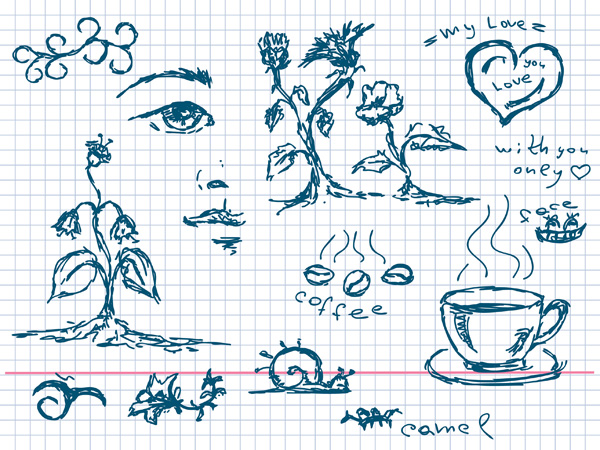 snail plant pattern Nose lines heart hand painted flowers and plants facial features eyes Eyebrows coffee cup coffee beans arbitrary 