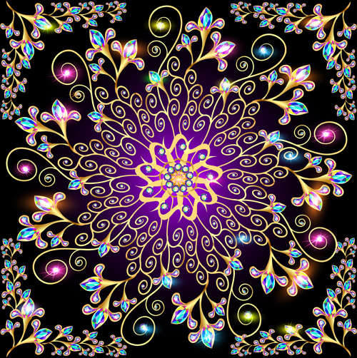 Beautiful precious stones and diamonds floral pattern vector 03
