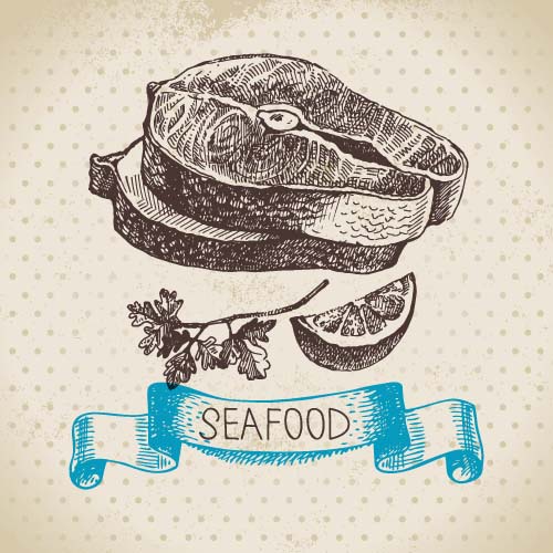 Hand drawn seafood with ribbon vectors 01 Hand drawn seafood with ribbon vectors 01