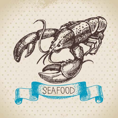 Hand drawn seafood with ribbon vectors 02 Hand drawn seafood with ribbon vectors 02