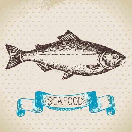 Hand drawn seafood with ribbon vectors 03 Hand drawn seafood with ribbon vectors 03