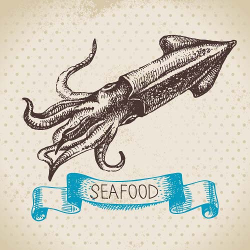 Hand drawn seafood with ribbon vectors 04 Hand drawn seafood with ribbon vectors 04