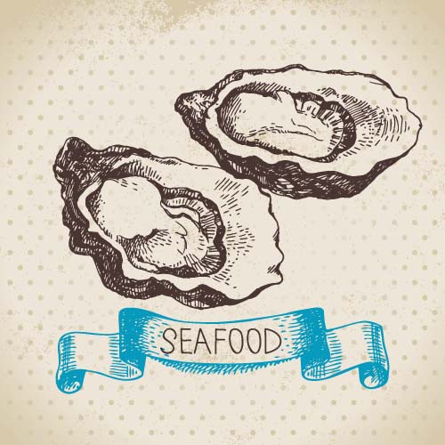Hand drawn seafood with ribbon vectors 06 Hand drawn seafood with ribbon vectors 06
