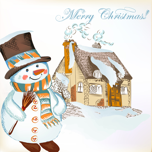 Hand drawn snowman christmas background vector 01