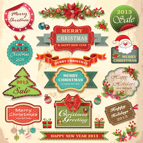Vintage Christmas labels and elements vector set 04